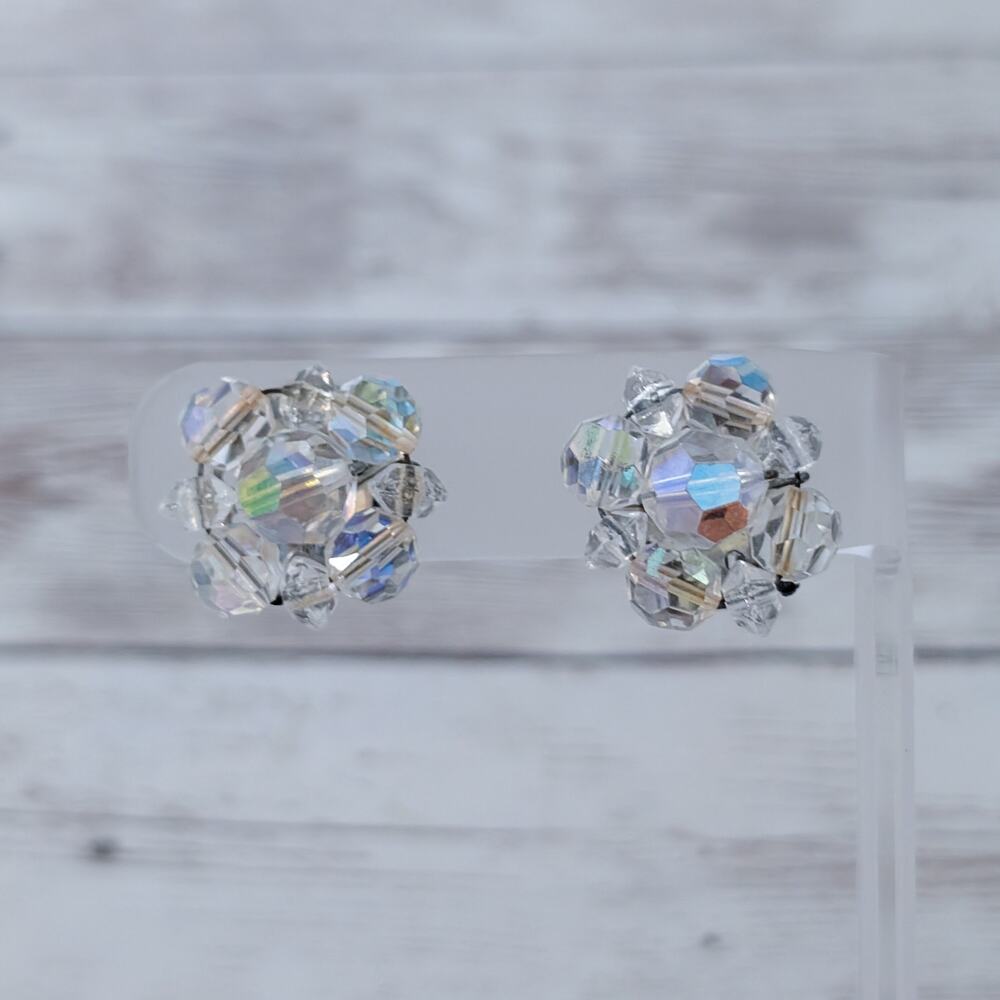 Vintage Clip On Earrings Iridescent Finish Beaded Cluster